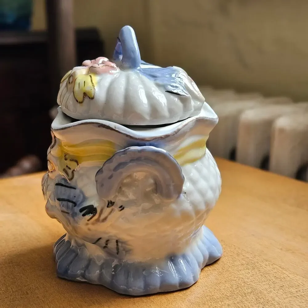 Vintage Porcelain Crane Trinket Box | 1970s Pastel Blue Lidded Dish
